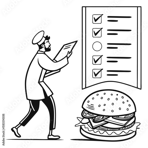 Chef reviewing checklist next to burger menu food