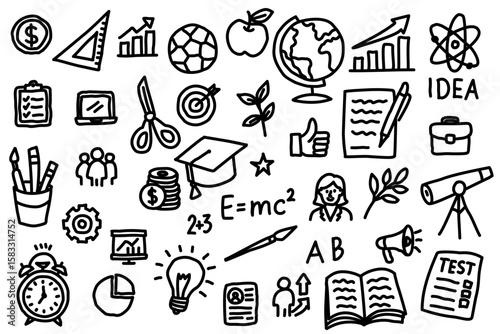 Hand-drawn black and white education and science icons. Includes books, graduation cap, light bulb, globe, atom, pencils, test paper, telescope, clock, charts, and formulas. Perfect for school
