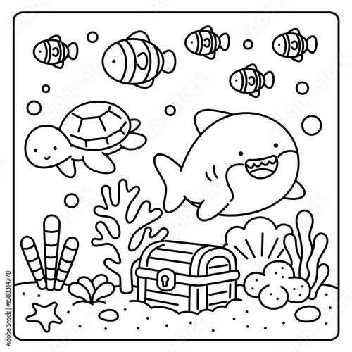 Deep sea adventure, easy coloring for kids, vector, illustration, coloring book, coloring page, cozy, cute, bold, comfy