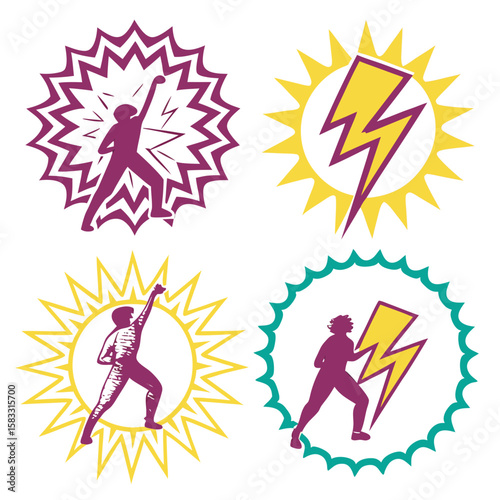 Energetic figures with lightning bolts and starbursts vector icons silhouette