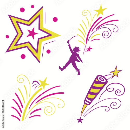 Festive fireworks and starbursts with a dancing figure celebration stars