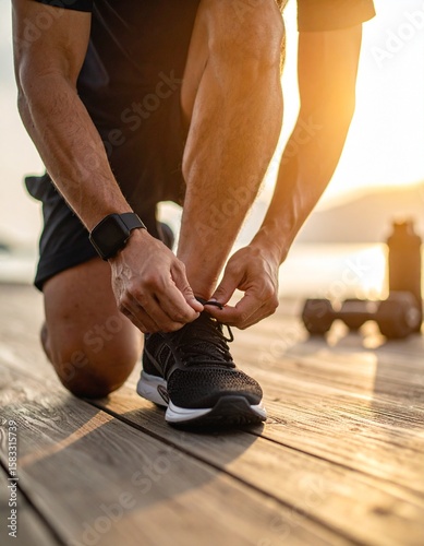 Foto Close-up of Athletic Hands Tying Running Shoes on Wooden Deck