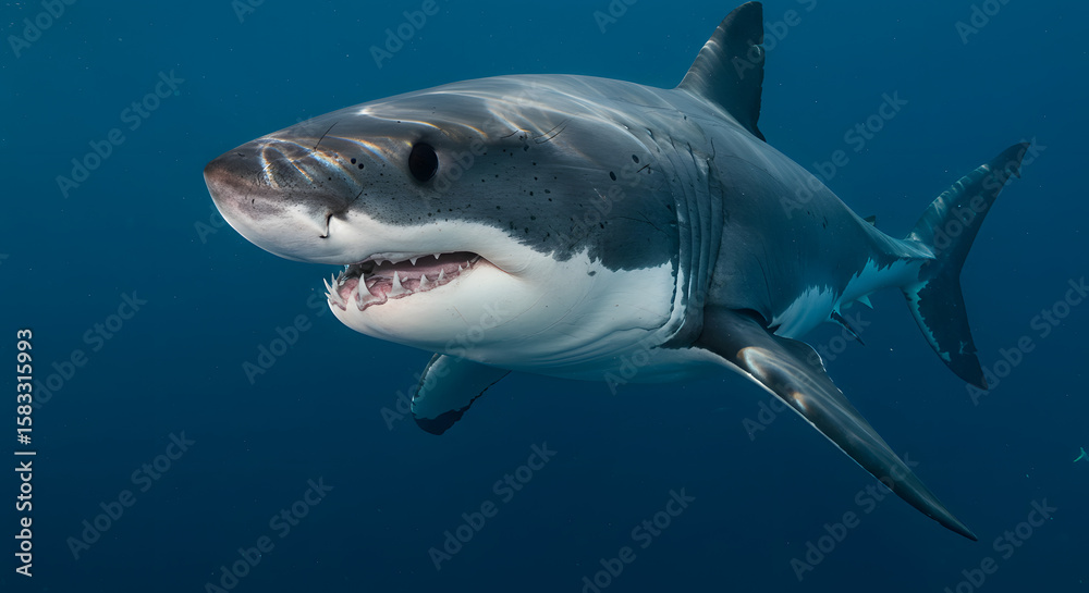 Naklejka premium A powerful great white shark swims gracefully through deep blue ocean waters, a majestic and imposing apex predator in its natural habitat.