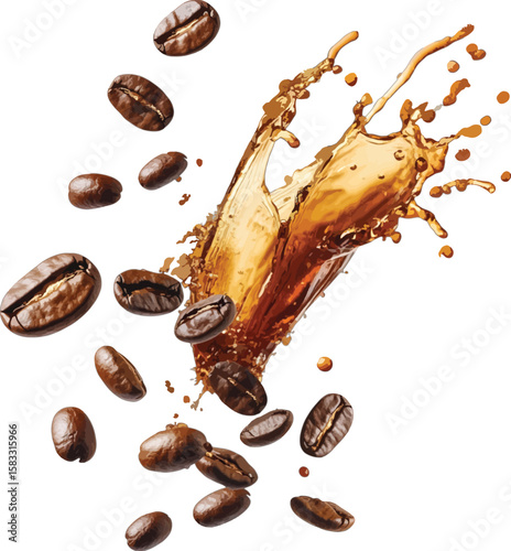 Coffee splash with falling coffee beans on white background liquid drink
