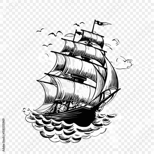 A nautical vector illustration depicts a vintage sailing ship with unfurled sails on the open sea