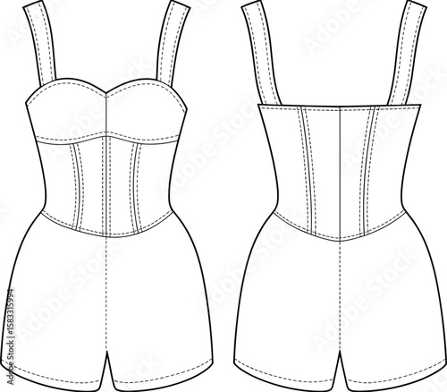 Flat sketch of corset-style romper with straps, sweetheart neckline, princess seams, high waist, back view zipper,