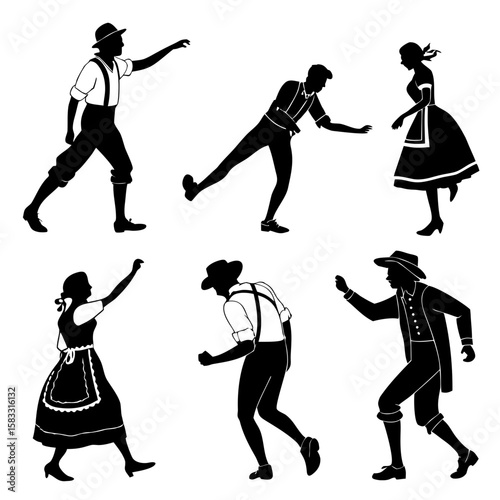 Folk dancers in traditional attire performing various poses traditional clothing