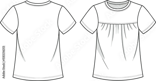 Flat sketch of girls short sleeve top with round neckline, front yoke, gathered pleats, technical fashion vector template,
