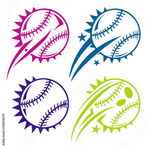 Four colorful baseball icons with sharp edges and motion lines sport graphic