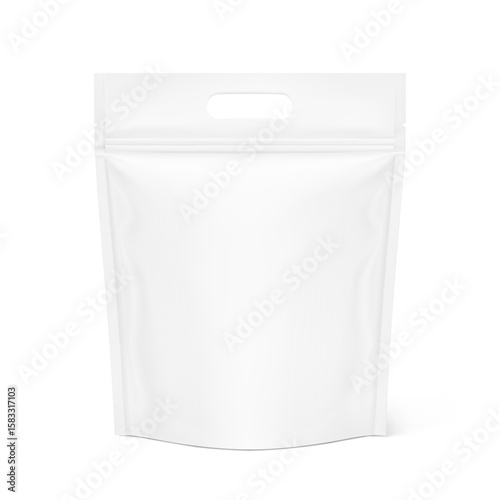 Realistic stand up pouch bag with handle mockup with shadow. Front view. Vector illustration isolated on white background. Easy to make a realistic mockup of your product. EPS10.