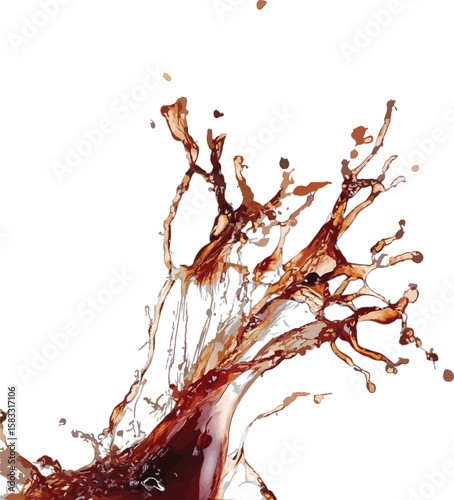 Dynamic cola splash illustration against white background with brown and tan liquid droplets drink