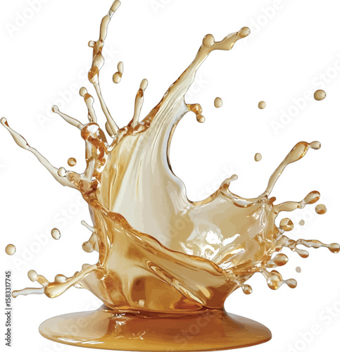 Dynamic golden liquid splash illustration on white background brown water