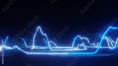 Abstract chart diagram animation of vibrant blue lines pulsating on a dark background. Loop