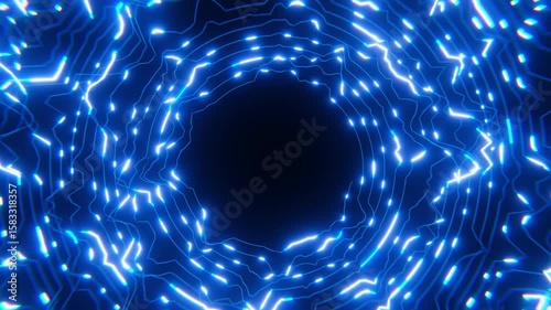 Electric blue lightning creates a circular pattern on a black background, seamless loop.