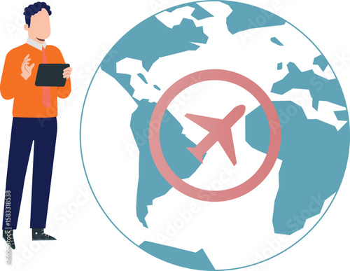 A boy is searching world flight map.