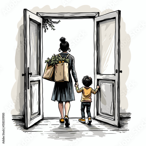 Woman and child walking through open door carrying groceries  