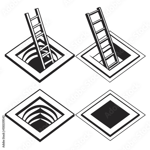 Isometric square hatches with ladders and abstract patterns illusion