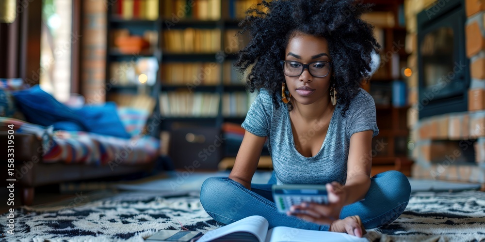 Fototapeta premium Woman Studying with Calculator and Books. This image features woman, black, afro, curly hair, and more, offering a clear depiction