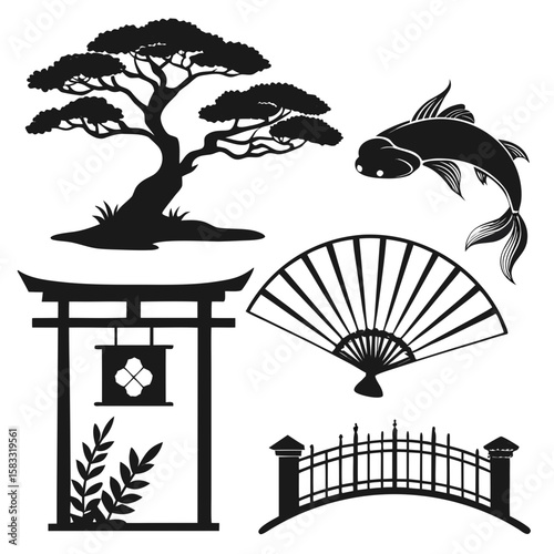 Japanese ink style silhouettes of bonsai torii gate fan bridge and koi vector