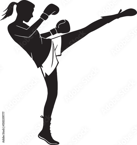 Silhouette of a female kickboxer in action, delivering a high side kick while wearing gloves. Perfect for martial arts or fitness themes.