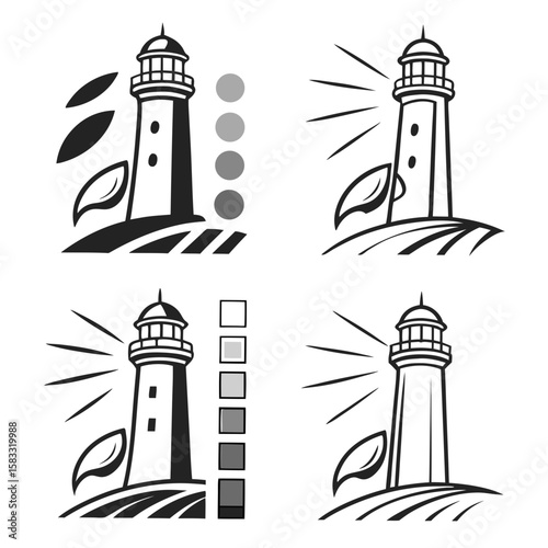 Lighthouse with radiating light and foliage beacon coast