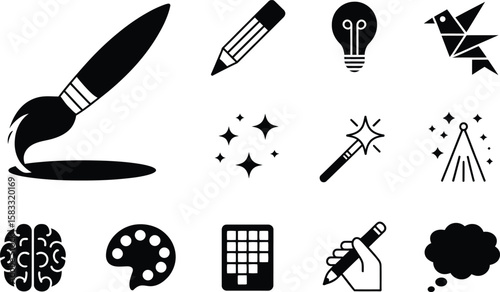 Black and White Creative Icons Brush Pencil Lightbulb Bird Brain Palette