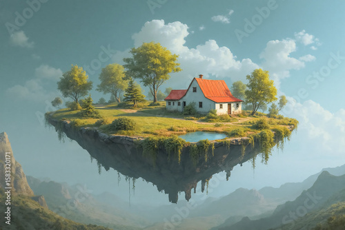 Floating island with old house. Fantasy island flying over the highlands.