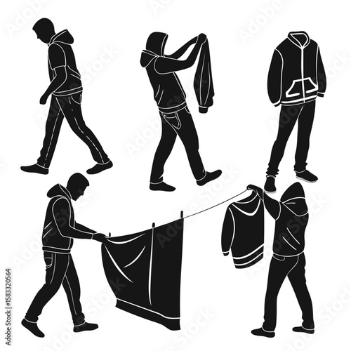 Men folding and hanging clothes silhouettes black and white clothing