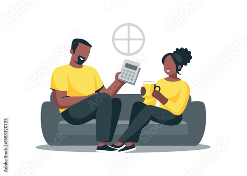 Couple Budgeting Financial Planning at Home Together Husband Uses Calculator While Wife Drinks Coffee Vector
