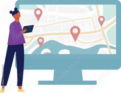 A girl is looking location pins on monitor.