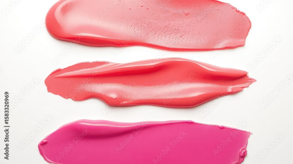 Cosmetic swatches of varying shades of pink and red cream isolated on white background, showing colors, textures, and product consistency Cosmetic swatches of varying shades of pink and red cream isolated on white background, showing colors, textures, and product consistency
