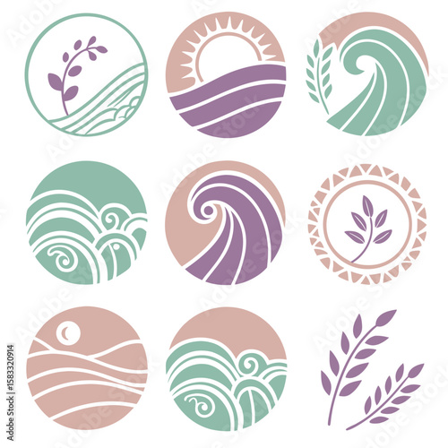 Nature inspired circular emblems with botanical and wave elements waves