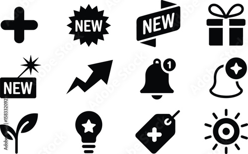 Black and white icon set with plus sign, new labels, bell, gift, and sun