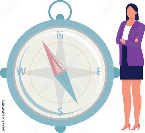 A girl is standing with tied hands near the direction compass.