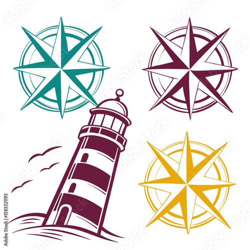 Nautical compasses and lighthouse with birds rose wind rose