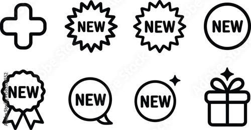 Black and white new icons including plus burst circle ribbon gift box and speech bubble