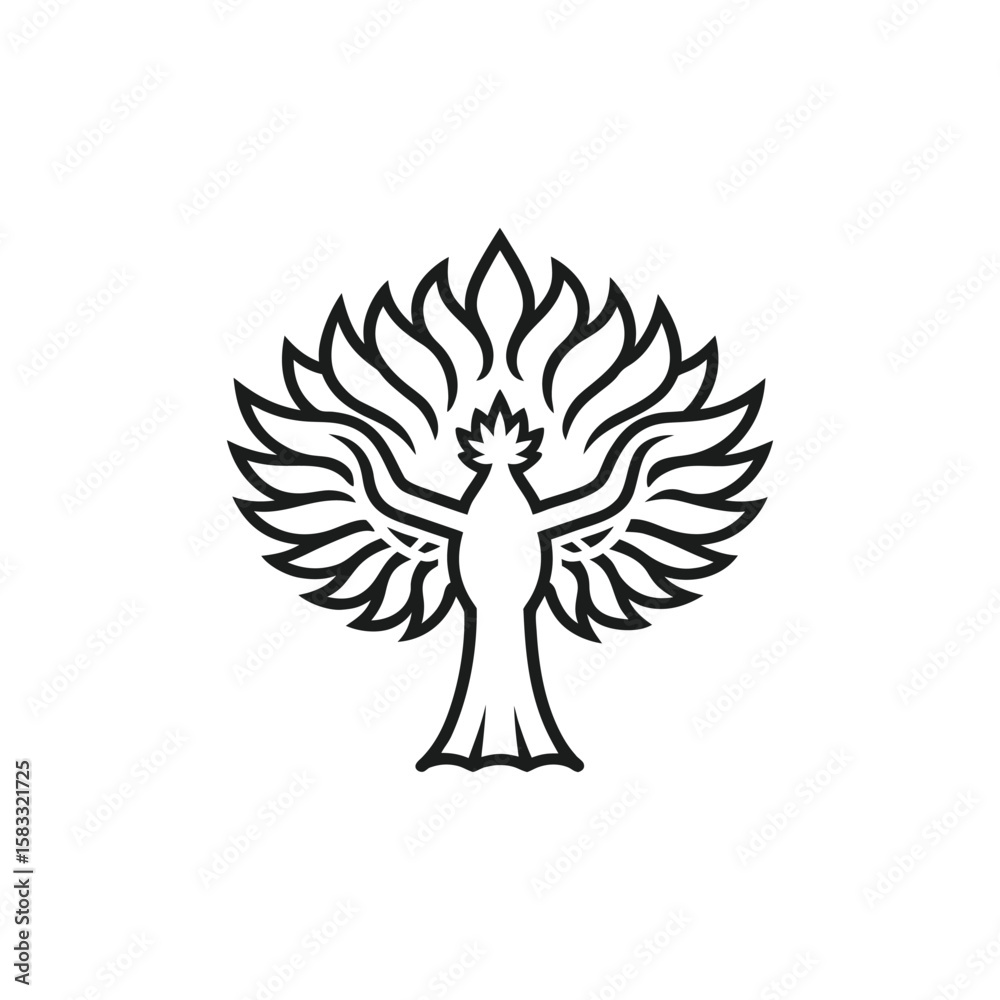 Fototapeta premium Stylized black phoenix bird with outstretched wings and tail feathers isolated on white background