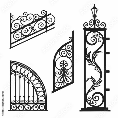 Ornate black metal scrollwork fence elements and lamppost baroque wrought iron
