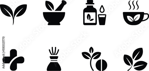 Black and White Medicinal Herbs Icons Set on White Background