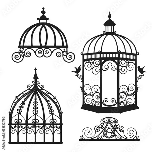 Ornate decorative wrought iron bird cages and architectural elements baroque