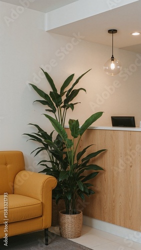 Reception area with couch potted plant and welcome desk