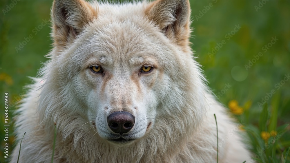 Obraz premium Portrait of a grown arctic wolf surrounded by summer grass