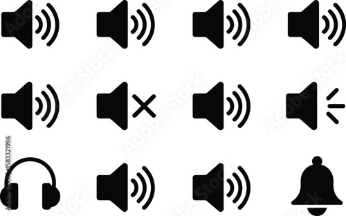 Black Sound Icon Set with Speakers Headphones and Bell