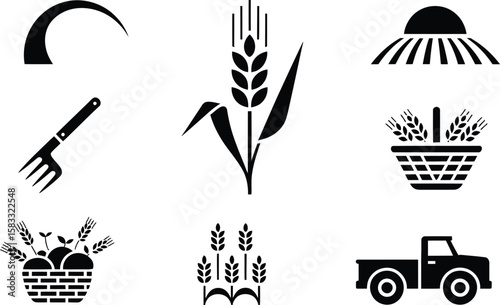 Black and white farming icons sickle pitchfork wheat field basket truck harvest
