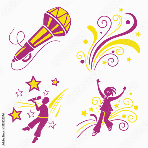 Purple and yellow microphone singer and dancer with stars music