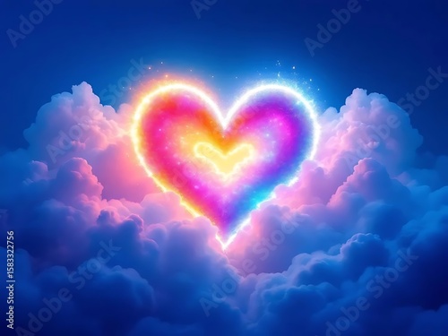 A vibrant, colorful heart floating in dreamy clouds, creating an abstract Valentine's Day background. Ideal for romantic designs, greeting cards, and love-themed digital art