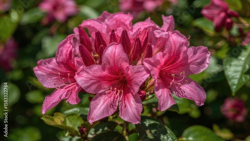 Zoomed-in perspective of fresh pink azalea blooms illuminated by sunlight, with buds and inflorescences displayed on a green natural background and an empty space for text.
