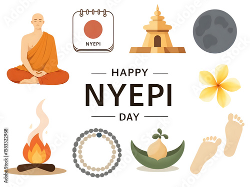 A collection of illustrations celebrating Nyepi Day, featuring a meditating monk and related symbols.