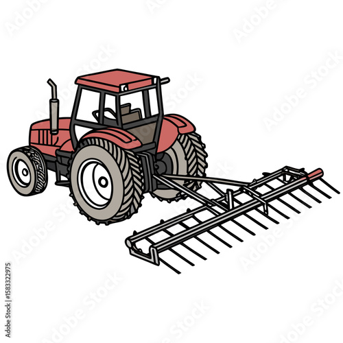 Red tractor with attached agricultural rake farming agriculture
