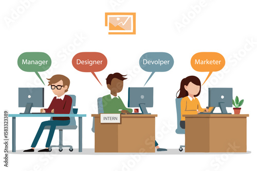 Manager Designer Developer Marketer Team at Work Office Collaboration Internship Creative Group Dynamic Vector